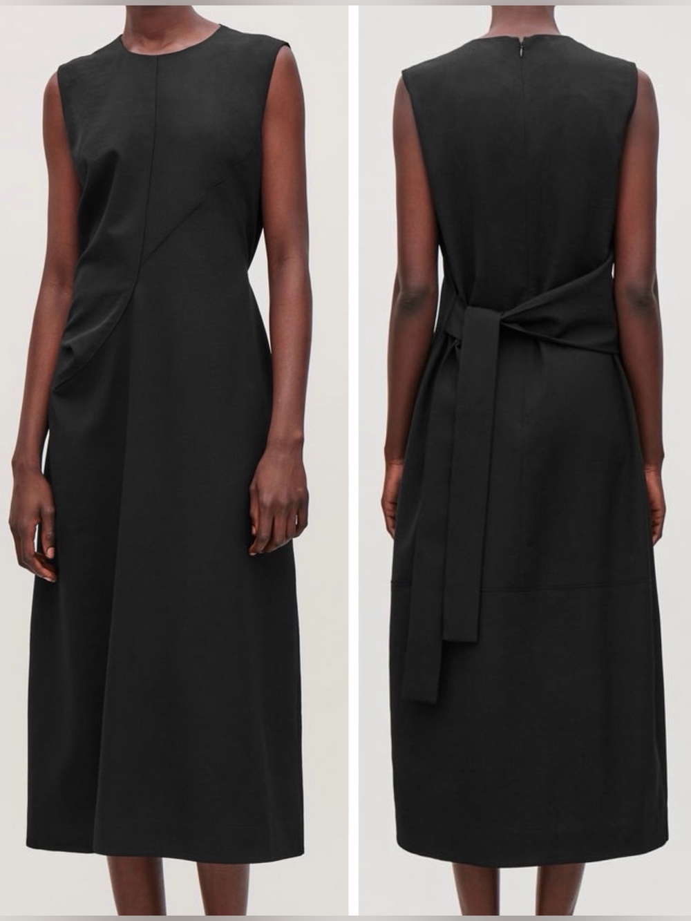 COS 100% Wool Black Tie-Back Sleeveless Midi Dress, Size 4